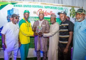 L-R: Prince Thompson Oladimeji; Chairman Kwara State Sports Commission Mallam Bolakale Mogaji; Governor AbdulRahman AbdulRazaq; Mallam Idris Abdullahi Musa; Abdulwheed Saliu; and Mr Kumbi Titiloye; during the presentation of award to distinguished and deserving Awardees, in Ilorin, on Saturday.