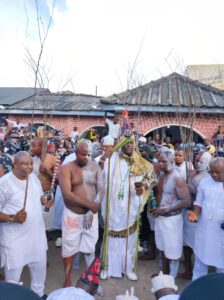From Left: Osun Deputy Givernor Benedict Alabi, Interior Minister Rauf Aregbesola and Ooni of Ife Oba Adeyeye Ogunwusi during the celebration of 2022 Olojo festival at Ile-Ife on Saturday