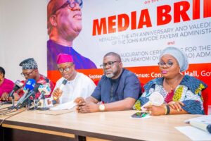 L-R: Secretary, Planning Committee, Valedictory and Inauguration Ceremonies, Mr O’Seun Odewale; Commissioner for Information and Values Orientation, Barrister Aknibowale Omole; Director General, Biodun Abayomi Oyebanji (BAO) Campaign Organisation, Hon Cyril Fasuyi; and Chairperson, Ekiti State House of Assembly Committee on Information; Hon Yemisi Ayokunle; during the press briefing on activities marking Governor Kayode Fayemi’s end- of- tenure and inauguration ceremonies for the incoming administration  in Ado-Ekiti on Friday