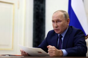 Russian President Vladimir Putin chairs a meeting with members of the Security Council via a video conference call in Moscow, Russia, September 9, 2022. Sputnik/Gavriil Grigorov/Pool via REUTERS/File Photo