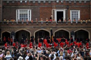 Garter Principal King of Arms, David Vines White, reads the Principal Proclamation from the balcony overlooking Friary Court after the Accession Council at St James’s Palace, as King Charles III is formally proclaimed Britain’s new monarch, following the death of Queen Elizabeth II, in London, Britain September 10, 2022. Daniel LEAL/Pool via REUTERS