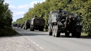 A still image from video, released by the Russian Defence Ministry, shows what it said to be a Russian military convoy heading towards the frontline in Ukraine’s Kharkiv region, at an unidentified location in the course of Russia-Ukraine conflict, in this still image taken from a handout video released September 9, 2022. Russian Defence Ministry/Handout via REUTERS
