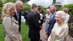 The Queen with Joe and Jill Biden last year at the G7 summit in Cornwall, England