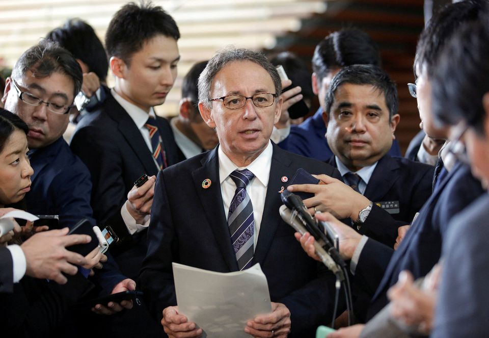 Okinawa Governor Denny Tamaki speaks to the media after a meeting with Japan’s then-Prime Minister Shinzo Abe (not in picture) at Abe’s official residence in Tokyo, Japan, March 1, 2019. Kimimasa Mayama/Pool via Reuters/File Photo