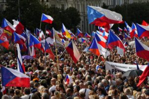 Thousands of demonstrators gather to protest against the government at the Vencesla’s Square in Prague, Czech Republic, Saturday, Sept. 3, 2022. (AP Photo/Petr David Josek)