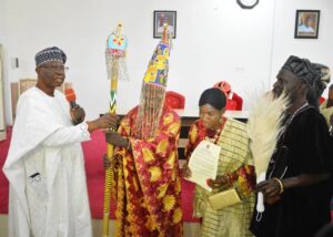 Fayemi represented by his deputy Egbeyemi at the presentation of staff of office to Oba Adelowo, the first Alahun of Ahun Ekiti
