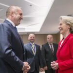 President of the European Commission Ursula von der Leyen, right, and Bulgarian President Rumen Radev, meet in capital Sofia, Bulgaria on Saturday, Oct. 1, 2022. (AP Photo/Visar Kryeziu)