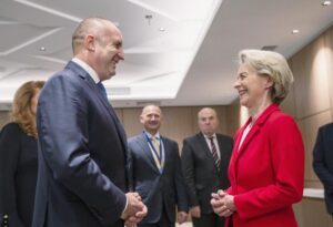 President of the European Commission Ursula von der Leyen, right, and Bulgarian President Rumen Radev, meet in capital Sofia, Bulgaria on Saturday, Oct. 1, 2022. (AP Photo/Visar Kryeziu)