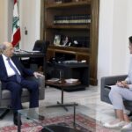 In this photo released by Lebanon’s official government photographer Dalati Nohra, Lebanese president Michel Aoun, left, meets with U.S. Ambassador to Lebanon Dorothy Shea, at the Presidential Palace in Baabda, east of Beirut, Lebanon, Saturday, Oct. 1, 2022. Shea delivered a maritime border demarcation proposal to Lebanese President Michel Aoun on Saturday, as negotiations with Israel continue to progress. (Dalati Nohra via AP)