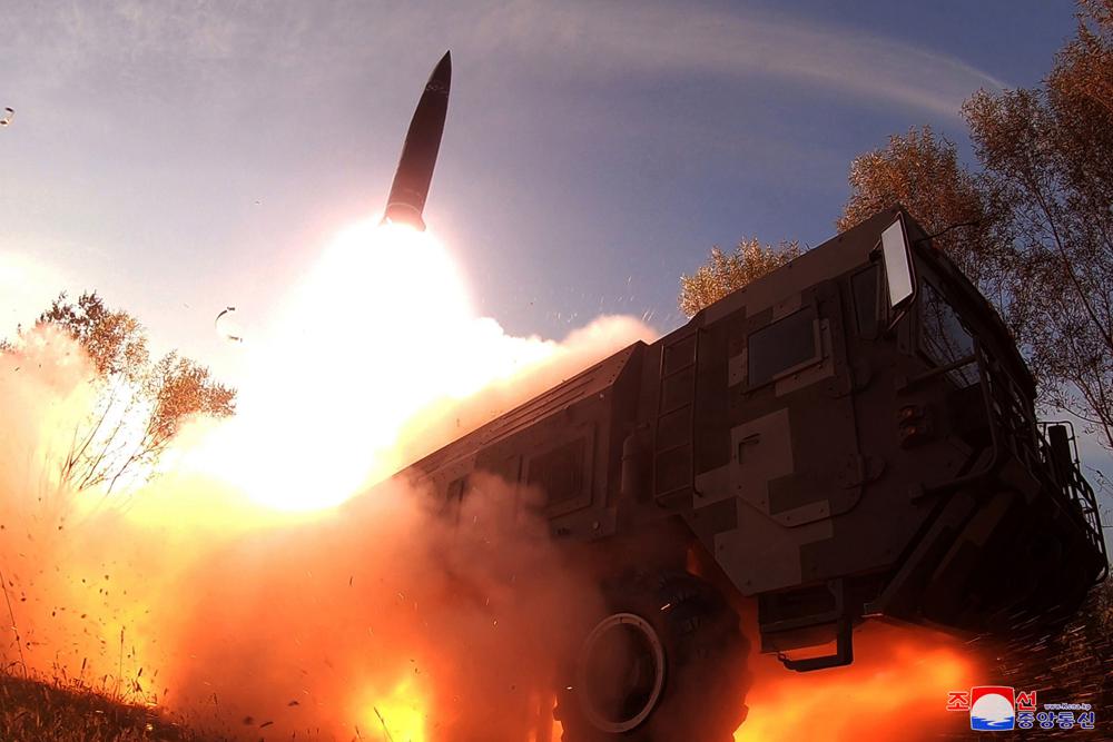 This photo provided on Oct. 10, 2022, by the North Korean government purports to show a missile test at an undisclosed location in North Korea, as taken sometime between Sept. 25 and Oct. 9. Independent journalists were not given access to cover the event depicted in this image distributed by the North Korean government. The content of this image is as provided and cannot be independently verified. Korean language watermark on image as provided by source reads: “KCNA” which is the abbreviation for Korean Central News Agency. (Korean Central News Agency/Korea News Service via AP)