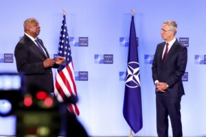 NATO Secretary General Jens Stoltenberg, right, and U.S. Secretary for Defense Lloyd J. Austin III participate in a media conference during a meeting of NATO defense ministers at NATO headquarters in Brussels, Thursday, Oct. 13, 2022. NATO defense ministers meet in Brussels Thursday, aiming to help bolster Ukraine’s aerial defenses, after a widespread Russian assault across the country early this week. (AP Photo/Olivier Matthys)