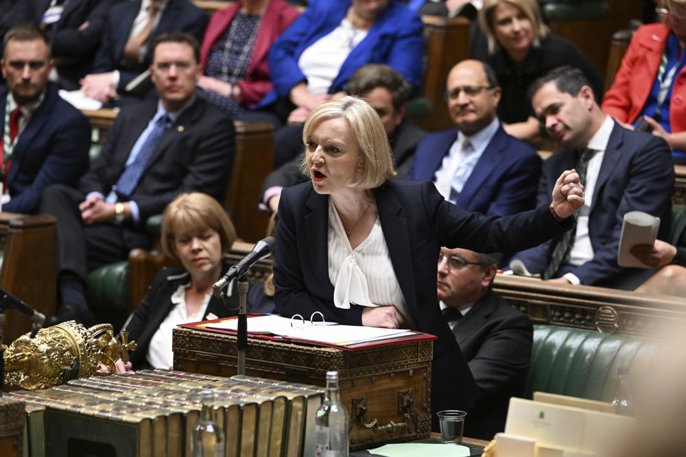 In this handout photo provided by UK Parliament, Britain’s Prime Minister Liz Truss speaks during Prime Minister’s Questions in the House of Commons in London, Wednesday, Oct. 19, 2022. (Jessica Taylor/UK Parliament via AP)