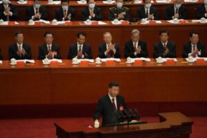 Chinese President Xi Jinping delivers a speech at the opening ceremony of the 20th National Congress of China’s ruling Communist Party held at the Great Hall of the People in Beijing, China, Sunday, Oct. 16, 2022. China on Sunday opens a twice-a-decade party conference at which leader Xi Jinping is expected to receive a third five-year term that breaks with recent precedent and establishes himself as arguably the most powerful Chinese politician since Mao Zedong. (AP Photo/Mark Schiefelbein)