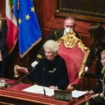Holocaust survivor, Senator Liliana Segre chairs the opening session of the Italian Senate of the newly elected parliament, Thursday, Oct. 13, 2022. Italy voted on Sept. 25 to elect a new parliament. (AP Photo/Gregorio Borgia)