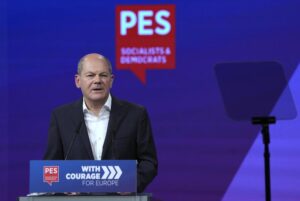 German Chancellor Olaf Scholz delivers a speech during a congress of the Party of European Socialists (PES) in Berlin, Germany, Saturday, Oct. 15, 2022. (AP Photo/Michael Sohn)