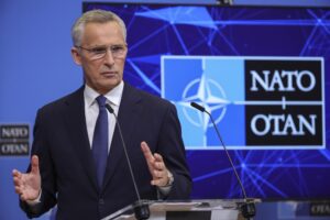 NATO Secretary-General Jens Stoltenberg meets the media during a press conference at the NATO headquarters in Brussels, Belgium Tuesday, Oct. 11, 2022. (AP Photo/Olivier Matthys)