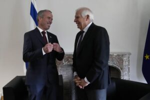 European Union foreign policy chief Josep Borrell, right, speaks with Israel’s Minister of Intelligence Elazar Stern during a bilateral meeting prior to the EU-Israel Association Council at the EU Council building in Brussels on Monday, Oct. 3, 2022. (AP Photo/Virginia Mayo)