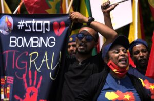 Members of the Tigrayan community protest against the conflict between Ethiopia and Tigray rebels in Ethiopia’s Tigray region, outside the the United Arab Emirates embassy in Pretoria, South Africa, Wednesday, Oct. 12, 2022. Tigray rebels and Ethiopia’s federal government were scheduled to participate in African Union-brokered peace talks in South Africa on Oct. 8 but they were delayed while logistical issues and security arrangements are being ironed out. (AP Photo/Themba Hadebe)