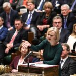 In this handout photo provided by UK Parliament, Britain’s Prime Minister Liz Truss speaks during Prime Minister’s Questions in the House of Commons in London, Wednesday, Oct. 12, 2022. (Jessica Taylor/UK Parliament via AP)