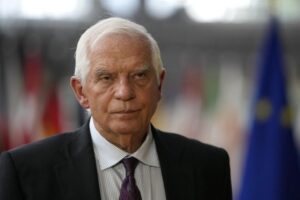 European Union foreign policy chief Josep Borrell speaks with the media as he arrives prior to the EU-Israel Association Council at the EU Council building in Brussels on Monday, Oct. 3, 2022. (AP Photo/Virginia Mayo)