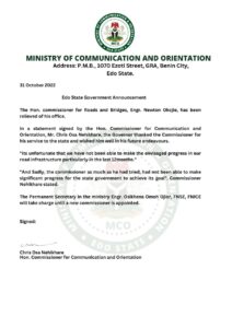 Edo govt sacks commissioner over failure on road infrastructure