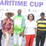 L-R: Executive Director, ENL Consortium, Mr. Mark Walsh; representative of the Chief of Naval Staff, Navy Capt. Christian Akokota; Chairman, Shipowners Forum, Barrister (Mrs) Margaret Onyema-Orakwusi; General Manager Human Resources, Nigerian Ports Authority (NPA), Mr. Ahmad M. Umar, who represented the Managing Director of NPA, Mr. Mohammed Bello-Koko; Chairman, Seaport Terminal Operators Association of Nigeria (STOAN), Princess Vicky Haastrup; a former General Manager at NPA, Mrs. Abua and Mr Adamu Babayo also of NPA at the flag off of the 2022 Ships & Ports Maritime Cup Competition in Surulere.