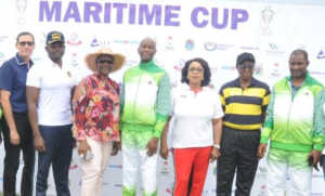 L-R: Executive Director, ENL Consortium, Mr. Mark Walsh; representative of the Chief of Naval Staff, Navy Capt. Christian Akokota; Chairman, Shipowners Forum, Barrister (Mrs) Margaret Onyema-Orakwusi; General Manager Human Resources, Nigerian Ports Authority (NPA), Mr. Ahmad M. Umar, who represented the Managing Director of NPA, Mr. Mohammed Bello-Koko; Chairman, Seaport Terminal Operators Association of Nigeria (STOAN), Princess Vicky Haastrup; a former General Manager at NPA, Mrs. Abua and Mr Adamu Babayo also of NPA at the flag off of the 2022 Ships & Ports Maritime Cup Competition in Surulere.