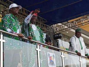 L-R: Lagos State Governor Babajide Sanwo-Olu, with his deputy, Femi Hsmzat, and NCAC Director Otunba Runsewe at Mobolaji Johnson Arena today
