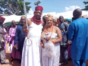 Philanthropist and founder of Itama Foundation, Chief ( Prof) Simon Itama and his wife, Dr. Anna Itama after been  conferred with chieftaincy titles by the Onogie of Igueben, HRH Zaiki Ehizogie Ailuojerior 1 at the 2022 Annual Ihuen Festival of Igueben Kingdom