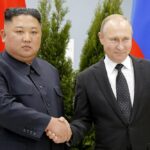 FILE – Russian President Vladimir Putin, right, and North Korea’s leader Kim Jong Un shake hands during their meeting in Vladivostok, Russia on April 25, 2019. North Korea on Tuesday, Nov. 8, 2022 accused the United States of cooking up a “plot-breeding story” on its alleged arms transfer to Russia, arguing it has never sent artillery shells to Moscow. (AP Photo/Alexander Zemlianichenko, Pool, File)