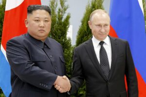 FILE – Russian President Vladimir Putin, right, and North Korea’s leader Kim Jong Un shake hands during their meeting in Vladivostok, Russia on April 25, 2019. North Korea on Tuesday, Nov. 8, 2022 accused the United States of cooking up a “plot-breeding story” on its alleged arms transfer to Russia, arguing it has never sent artillery shells to Moscow. (AP Photo/Alexander Zemlianichenko, Pool, File)