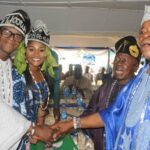 Oba Gbolagade Babalola, the Onido of Ido (right); in handshake with the newly installed Otun Babajiroro of Ido Town, Kolapo Kola-Daisi, who is the 2023 Accord candidate for Oyo South senatorial district (left); and his wife, Abisola, the new Yeye Otun Bobajiroro of Ido Town, after their installation on Monday in Ibadan, the Oyo State capital