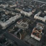 An aerial view of Bakhmut, the site of the heaviest battles with the Russian troops, in the Donetsk region, Ukraine, Friday, Dec. 9, 2022. (AP Photo/LIBKOS)