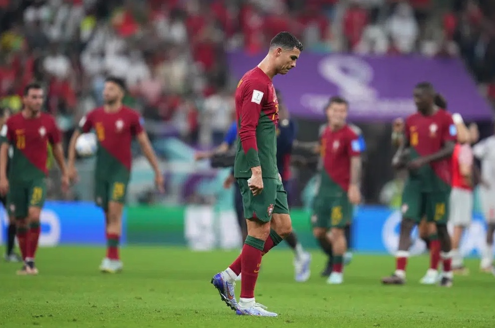 Portugal’s Cristiano Ronaldo walks off the field after the 6-1 win during the World Cup round of 16 soccer match between Portugal and Switzerland, at the Lusail Stadium in Lusail, Qatar, Tuesday, Dec. 6, 2022. (AP Photo/Natacha Pisarenko)