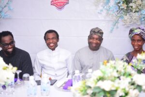 Left to Right Senior Special Assistant to President Muhammadu Buhari on Job Creation, Afolabi Imoukhuede,  Prophet Sam Olu Alo, Gbenga Omotoso, Commissioner for Information and Strategy Lagos and Mrs Remi Olajumoke, Wife of Senator Olajumoke at tye commissioning of Adamimogo  93.1FM Lekki,  Ajah. Lagos.