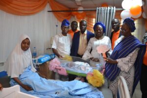 L-R : Mother of First Baby of the Year at Lagos Island Maternity Hospital, Mrs Mojisola Mohammed, Director, Clinical Services and Trainjng, Dr Ogungbemile Babalola; Commercial Director, Vitafoam Nigeria PLC, Sola Owoade, Head Administration and Human Resources, Lagos Mainland Hospital, Mrs Kudirat Salu; Head of Technical, Vitafoam, Ola Ogunfeyitimi and Apex Nurse, Lagos Mainland Hospital, Mrs Oluwatoyin Champion during presentation of gifts to the First Baby of the year by Vitafoam in Lagos