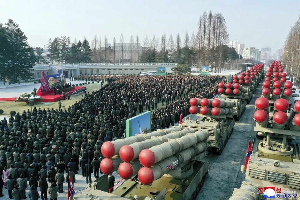 In this photo provided by the North Korean government, a ceremony of donating 600mm super-large multiple launch rocket system is held at a garden of the Workers’ Party of Korea headquarters in Pyongyang, North Korea Saturday, Dec. 31, 2022. Independent journalists were not given access to cover the event depicted in this image distributed by the North Korean government. The content of this image is as provided and cannot be independently verified. Korean language watermark on image as provided by source reads: “KCNA” which is the abbreviation for Korean Central News Agency. (Korean Central News Agency/Korea News Service via AP)
