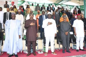 Hon Minister of Science, Technology and Innovation, Dr Adeleke Olorunnimbe Mamora (2nd left), Hon Minister of State for Science, Technology and Innovation, Chief Henry Ikechukwu Ikoh (right), Chief of staff to the President, Prof Ibrahim Gambari (left), Hon Minister of Environment Barr Mohammed Hassan Abdullahi (2nd right), Hon Minister of State Budget and National Planning, Prince Clem Ikanade Agba (3rd right) and others during the Opening Ceremony of the 7th Edition of Science Technology and Innovation EXPO 2023 at the Eagle Square in Abuja