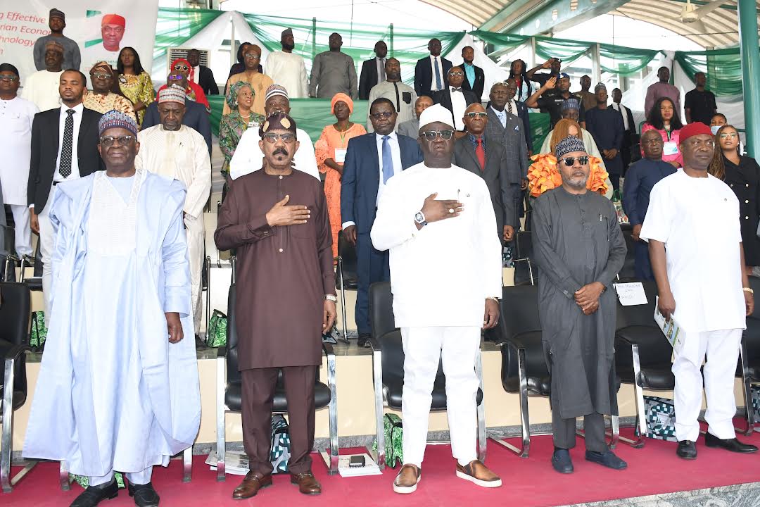 Hon Minister of Science, Technology and Innovation, Dr Adeleke Olorunnimbe Mamora (2nd left), Hon Minister of State for Science, Technology and Innovation, Chief Henry Ikechukwu Ikoh (right), Chief of staff to the President, Prof Ibrahim Gambari (left), Hon Minister of Environment Barr Mohammed Hassan Abdullahi (2nd right), Hon Minister of State Budget and National Planning, Prince Clem Ikanade Agba (3rd right) and others during the Opening Ceremony of the 7th Edition of Science Technology and Innovation EXPO 2023 at the Eagle Square in Abuja
