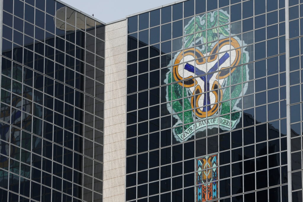 FILE PHOTO: The Central Bank of Nigeria’s logo is seen on its headquarters in Abuja