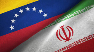 Venezuela and Iran flags together relations textile cloth, fabric texture
