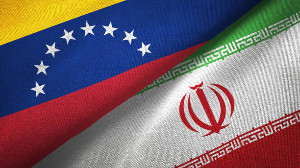 Venezuela and Iran flags together relations textile cloth, fabric texture