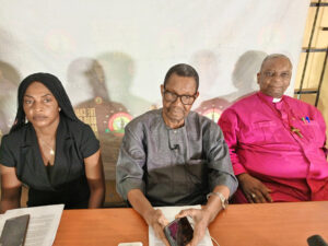 President, Alaigbo Development Foundation (ADF), Prof Uzodimma Nwala (m), BOT member, Archbishop Chijioke Nwaobia (r) and Chidimma Udegbunam of ADF legal team, during the group’s press conference reaffirming support for the Obi/Datti Presidency in Enugu, on Tuesday, February 21, 2023