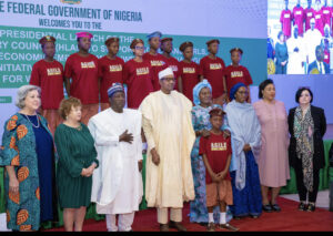 L-R: US Ambassador to Nigeria, Ms Mary Beth Leonard, British High Commissioner to Nigeria, Ms Catriona Laing, the Plateau State Governor, Dr Simon Lalong, President Muhammadu Buhari Minister of Women Affairs, Dame Pallen Tallen, Minister of Finance, Zaianb Ahmed, Co-Chair of the Dr Mrs. Dere Awosika and others  during the launch of the High-Level Advisory Council (HLAC) to support Women and Girls National Women’s Economic Empowerment (WEE) Policy Dialogue Adolescent Girls Initiative for Learning and Empowerment (AGILE) and Nigeria for Women Project Scale-up (NFWP-SU) at the State House Abuja