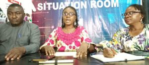 LANW Acting Executive Director Mrs Hannatu Ahuwan (M) while presenting her organisation’s observation report in Kaduna on Wednesday, March 22, 2023