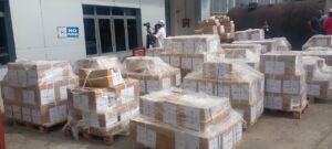 Some of the election materials awaiting inspection and subsequent distribution to various polling units