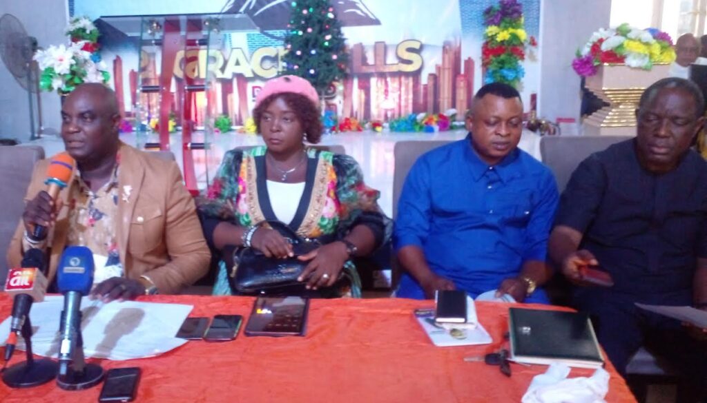 Cross River PFN Chairman Ekwok, extreme left, with other Executive members during the Media briefing to to endorse PDP candidate Prof Onor ahead of the Saturday, March 11, 2023 poll