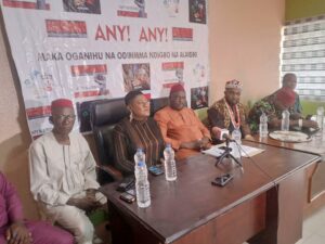 L-R: Nze CY Obi; Mrs Nneka Chimezie, Woman Leader; Nze JohnPaul Ezenwaka, Deputy National Leader; King Joseph Mba, all of Anyi Anyi during the press conference