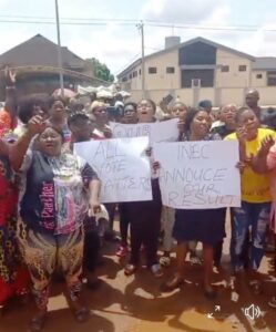 The protesting women at the INEC Benin office on Monday, March 20, 2023
