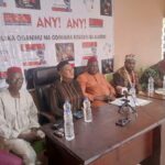 L-R: Nze CY Obi; Mrs Nneka Chimezie, Woman Leader; Nze JohnPaul Ezenwaka, Deputy National Leader; King Joseph Mba, all of Anyi Anyi during the press conference